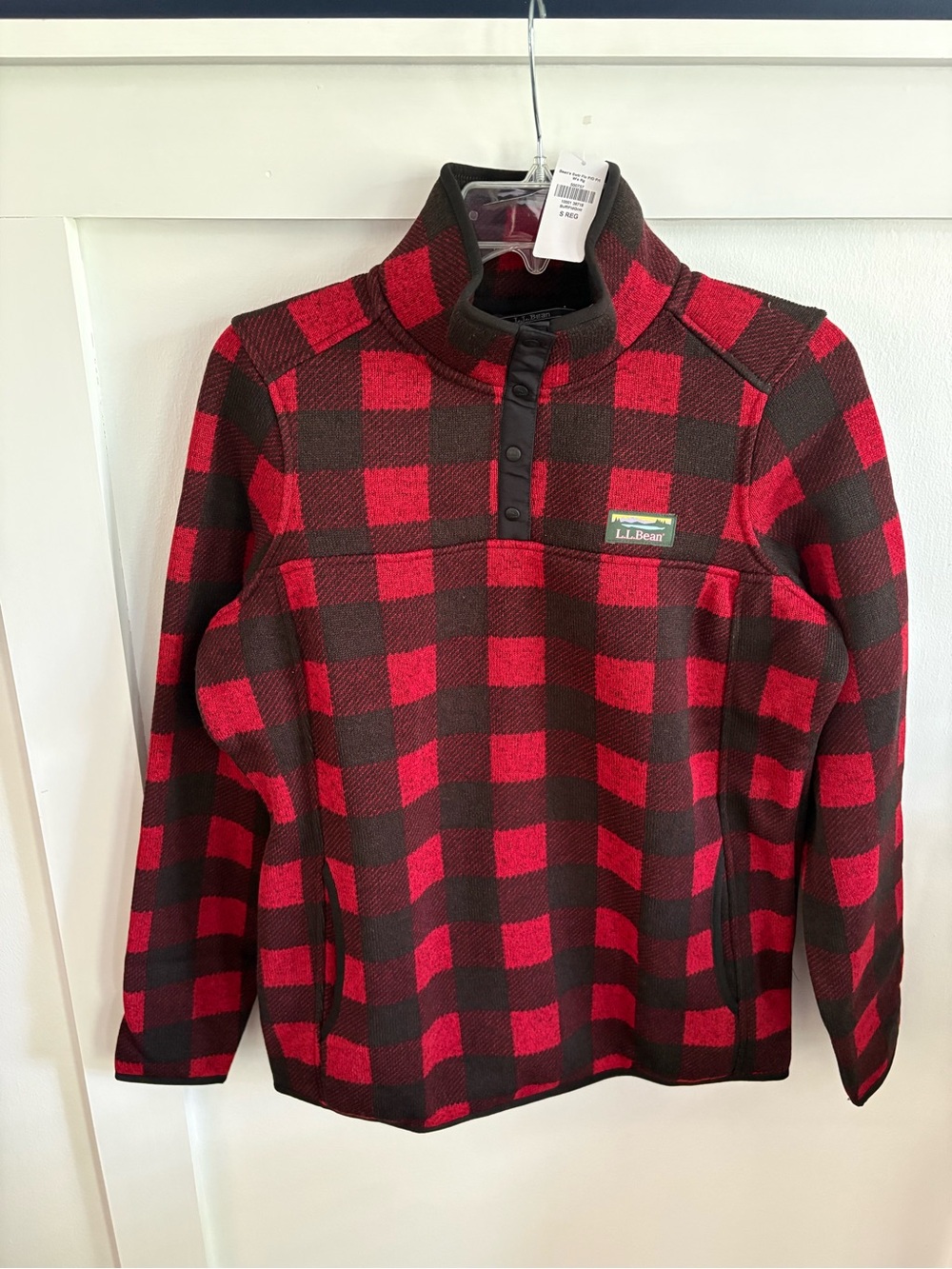 L.L. Bean Red and Black Buffalo Check Zip Mock-Neck Fleece Pullover